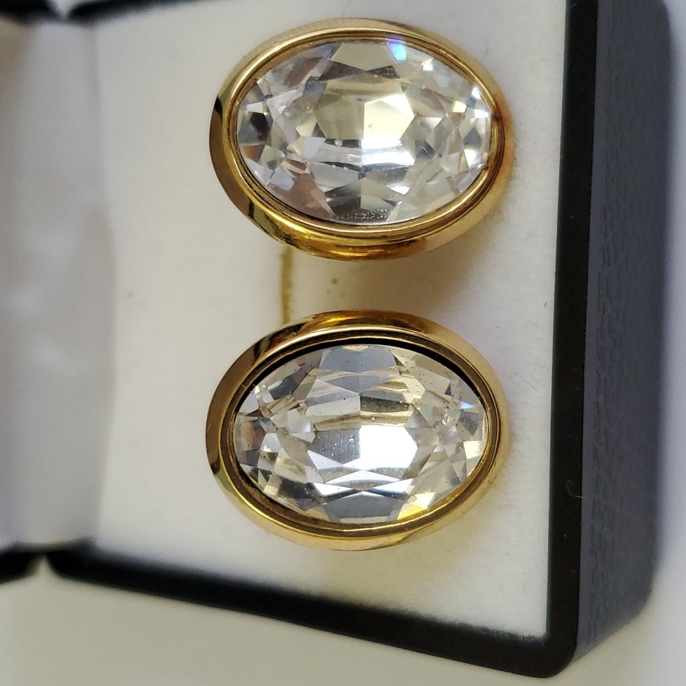 Vintage Gold Oval Crystal Stud Earrings - Clear